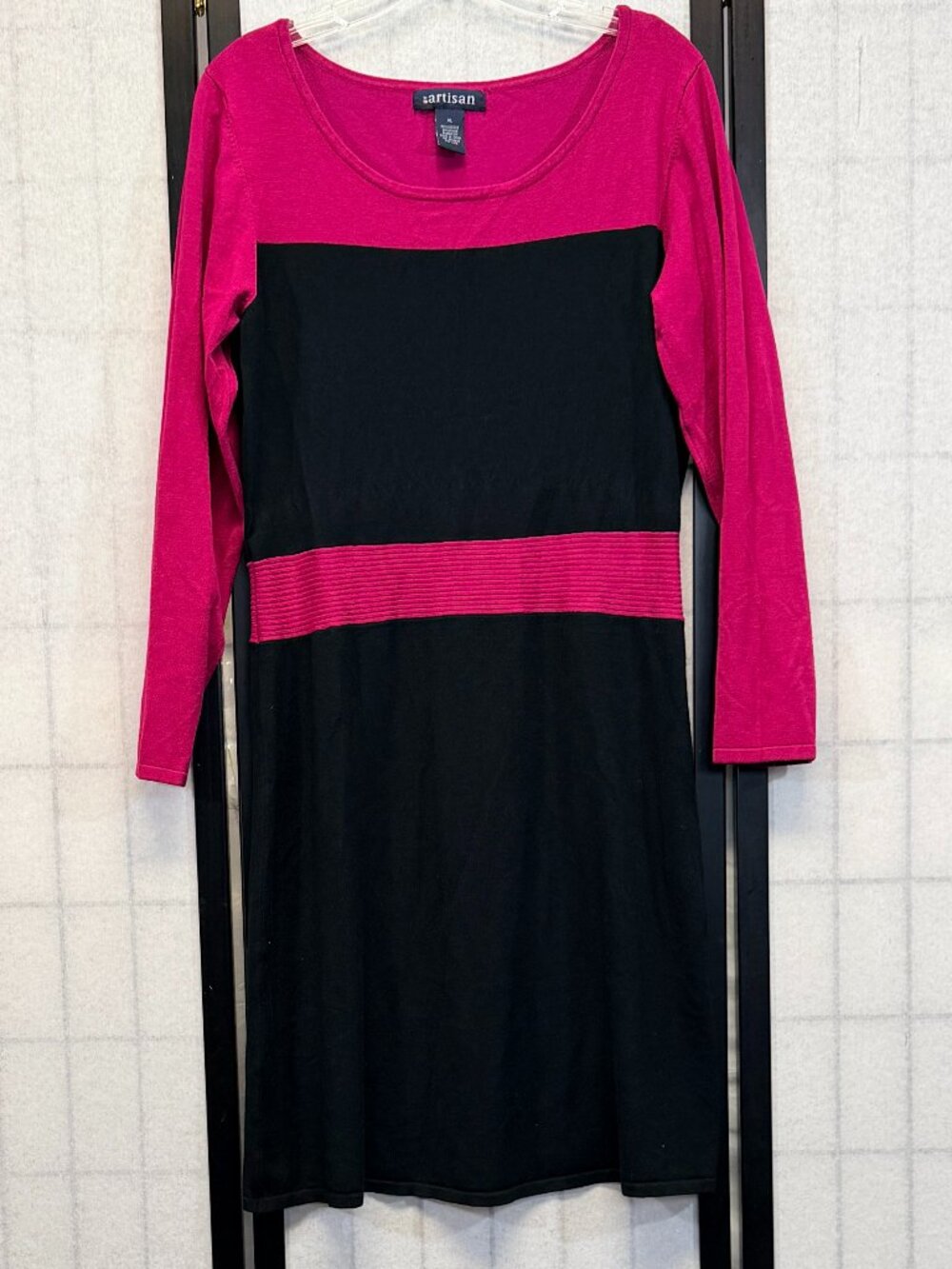 Artisan Colorblock Sweater Dress XL Black Fuchsia Ribbed Waist Stretch Knit